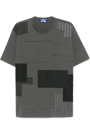 JUNYA WATANABE Tops, Heren, Grijs, L, Katoen, Patchwork T-shirt met Uniek Ontwerp