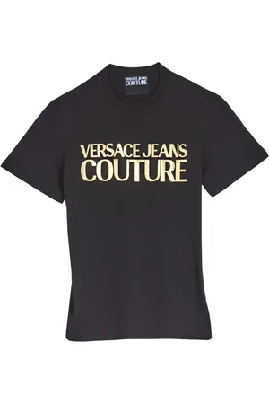 VERSACE Tops, Heren, Zwart, M, Katoen, Logo Ingelegd Katoenen T-Shirt Zwart/Goud