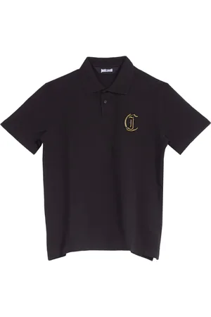 Roberto Cavalli Tops, Heren, Zwart, M, Katoen, Zwarte Lurex Polo Shirt met Gotisch Borduurwerk