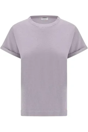 Brunello Cucinelli Tops, Dames, Paars, S, Kasjmier, Kasjmier Glitter T-shirt met Geribbelde Ronde Hals