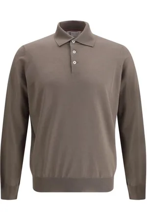 Brunello Cucinelli Tops, Heren, Bruin, S, Wol, Gebreide Kraag Wol Polo Shirt