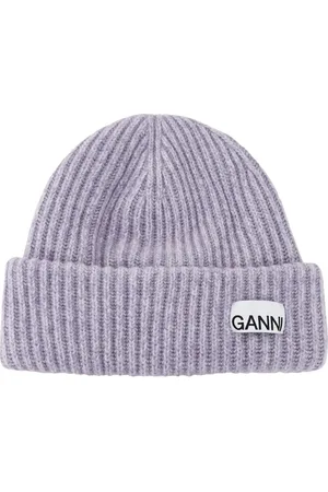 Ganni Accessoires, Dames, Paars, ONE Size, Wol, Paarse Beanie Muts Geribbelde Rand