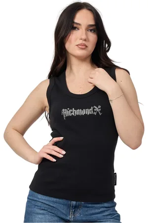 John Richmond Tops, Dames, Zwart, XL, Katoen, Zwart Strass Logo Tank Top