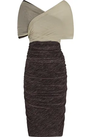 Serafini Kleedjes, Dames, Veelkleurig, M, Elegante Crêpe Jurk met Gekruiste Halslijn
