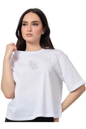 Armani Exchange Tops, Dames, Wit, S, Katoen, Wit T-shirt met strass logo