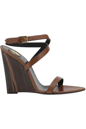 Saint Laurent Schoenen, Dames, Bruin, 36 EU, Leer, Gevlochten band leren sandalen met sculpturale hak