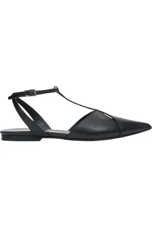 Estro Schoenen, Dames, Zwart, 36 EU, Leer, Zwarte leren platte sandalen voor dames met een puntige neus