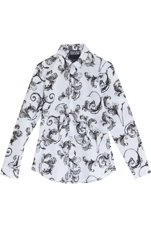 VERSACE Overhemden, Heren, Veelkleurig, XL, Katoen, Barok Print Wit Katoenen Overhemd