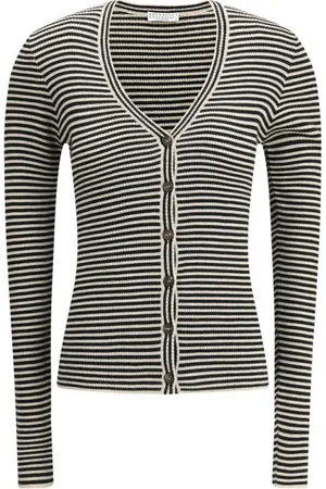 Brunello Cucinelli Truien, Dames, Grijs, L, Gestreepte V-hals Cardigan met knoopsluiting