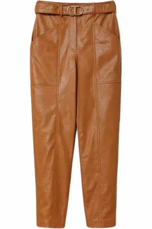 Twin-Set Broeken, Dames, Bruin, M, Polyester, Bruine Leren Broek met Hoge Taille