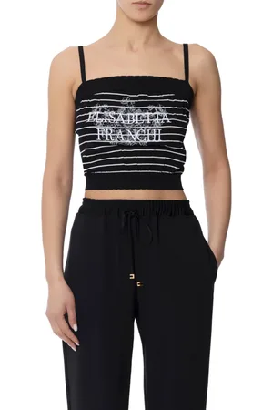 Elisabetta Franchi Tops, Dames, Zwart, S, Zwarte Bloemen Gestreepte Top