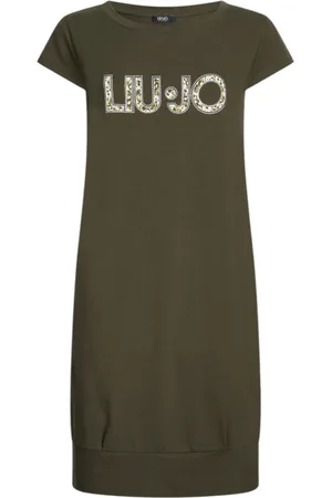 Liu Jo Kleedjes, Dames, Groen, XL, Katoen, Katoenen jurk met logo, korte mouwen
