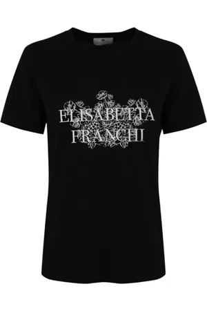 Elisabetta Franchi Tops, Dames, Zwart, S, Katoen, Zwarte Botanische Print T-shirt