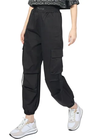 DISCLAIMER Broeken, Dames, Zwart, M, Cargo Zwarte Broek met Logopatch