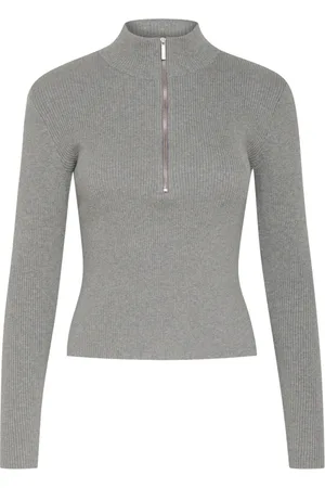 Gestuz Truien, Dames, Grijs, 2Xs, Grijs Melange Rits Trui Sweater