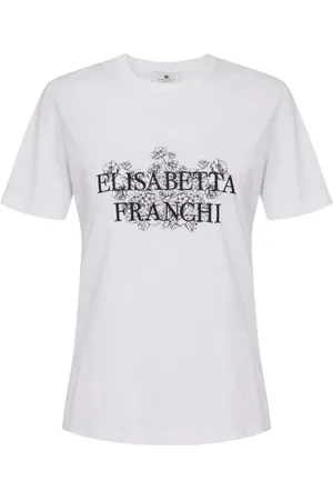 Elisabetta Franchi Tops, Dames, Wit, L, Katoen, Botanische Print Ivoor T-shirt