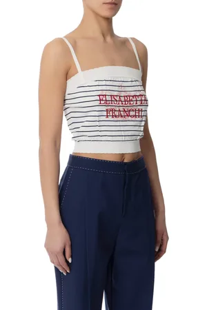 Elisabetta Franchi Tops, Dames, Wit, M, Gestreepte Bloementop met Dunne Bandjes