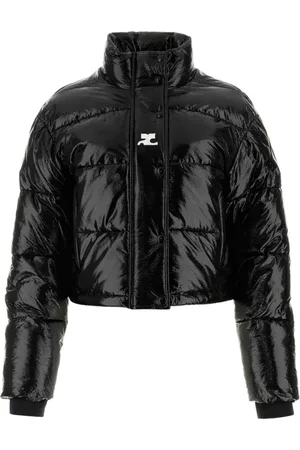 Courrèges Jassen, Dames, Zwart, S, Zwarte vinyl gewatteerde jas