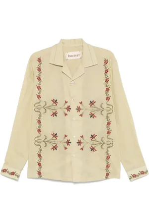 Baziszt Blouses & Shirts, Heren, Groen, M, Bloemen geborduurd knoopshirt