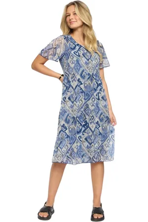 2-Biz Kleedjes, Dames, Blauw, S, Blauwe Grafische Geplooide Jurk Daria. Sp 25