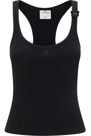 Courrèges Tops, Dames, Zwart, M, Katoen, Geribbeld katoenen top met geborduurd logo