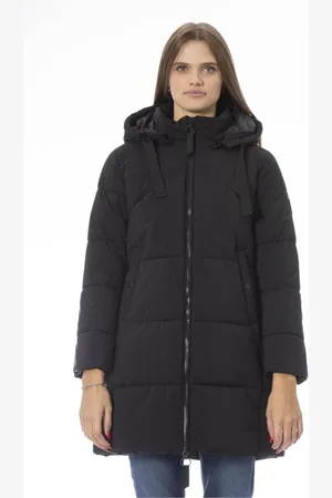 BALDININI Mantels, Dames, Zwart, L, Polyester, Zwarte Lange Donsjas met Zakken