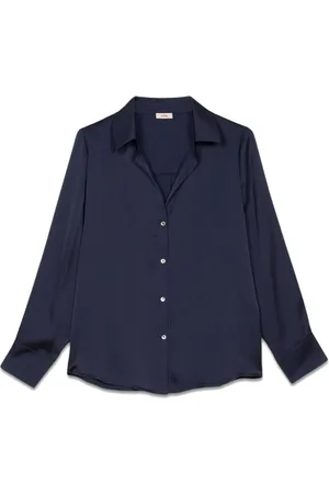 Oltre Blouses & Shirts, Dames, Blauw, 2Xl, Satijn, Stromend zijden overhemd