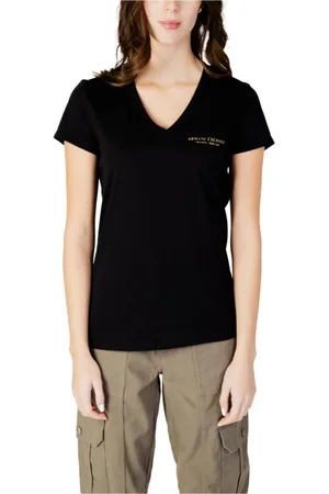 Armani Exchange Tops, Dames, Zwart, XL, Katoen, Zwart Bedrukt V-Hals T-Shirt