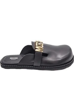 Moschino Schoenen, Heren, Zwart, 43 EU, Leer, Zwarte Gesloten Lettering Muiltjes Schoenen