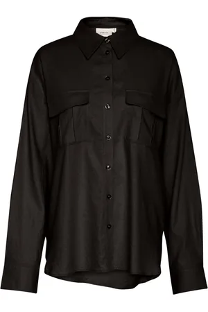 Gestuz Blouses & Shirts, Dames, Zwart, M, Linnen, Zwarte linnen overhemd met zakken