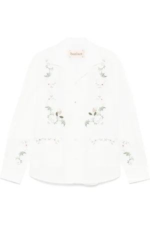 Baziszt Overhemden, Heren, Wit, M, Bloemen Geborduurd Wit Overhemd