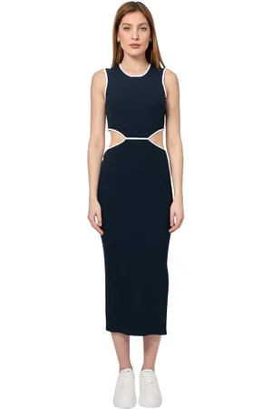 Emporio Armani Kleedjes, Dames, Blauw, L, Tweed, Blauwe Geribbelde Jurk met Cut-Out Design