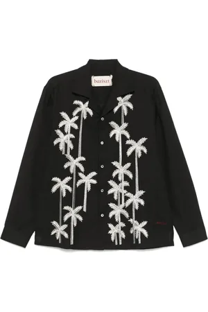 Baziszt Overhemden, Heren, Zwart, L, Zwarte Geborduurde Knoopsluiting Shirt
