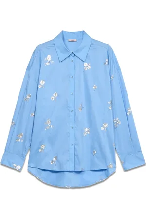 Oltre Blouses & Shirts, Dames, Blauw, M, Katoen, Popeline overhemd met bloemenborduursel