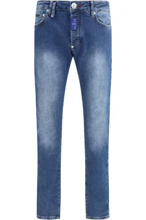 Philipp Plein Jeans, Heren, Blauw, W34, Katoen, Logo Patch Straight Cotton Jeans