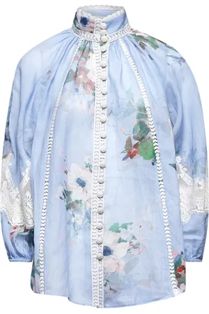 ZIMMERMANN Blouses & Shirts, Dames, Blauw, M, Bloemen zijden blouse hoge taille