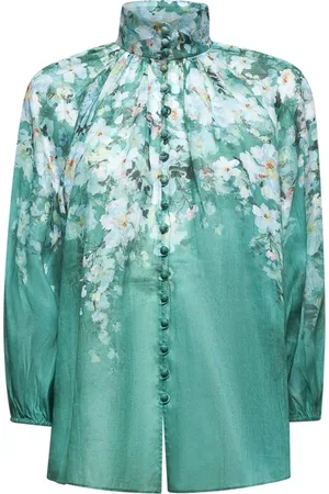 ZIMMERMANN Blouses & Shirts, Dames, Groen, S, Bloemenzijden blouse met ritssluiting