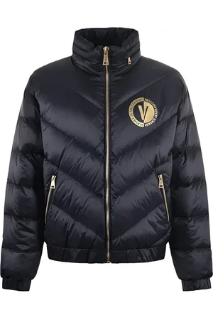 VERSACE Jassen, Heren, Zwart, M, Polyester, Zwarte Gewatteerde Pufferjas met Capuchon