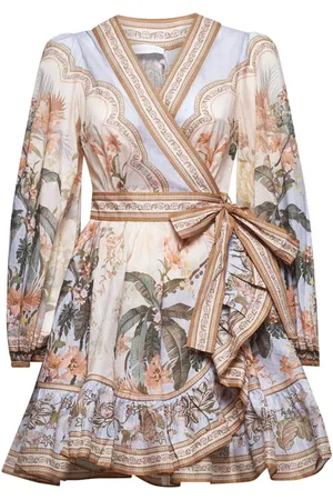 ZIMMERMANN Kleedjes, Dames, Veelkleurig, XS, Bloemen zijden jurk met hoge taille
