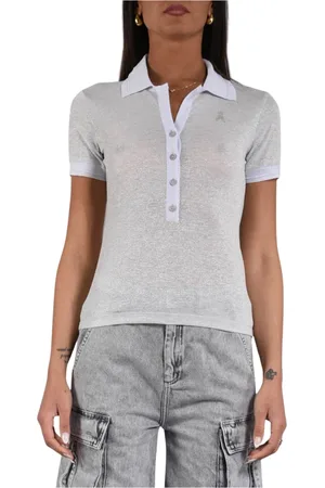 Patrizia Pepe Tops, Dames, Grijs, S, Polyester, Gebreide polo met strass logo
