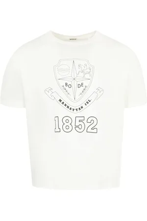 BODE Tops, Heren, Wit, M, T-shirt met Grafische Print en Ronde Hals