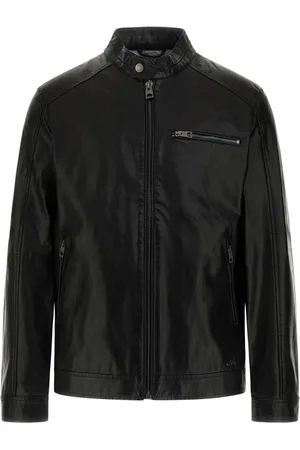 Guess Jassen, Heren, Zwart, L, Leer, Leren Bikerjack met ritssluiting