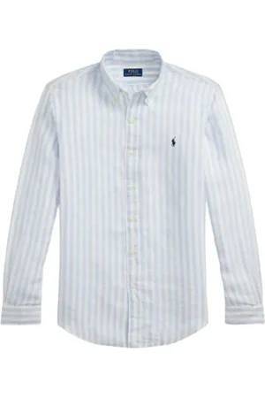 Ralph Lauren Overhemden, Heren, Blauw, XL, Linnen, Verticaal Gestreepte Linnen Overhemd