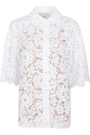 Michael Kors Overhemden, Dames, Wit, L, Gestudde bloemen kanten shirt