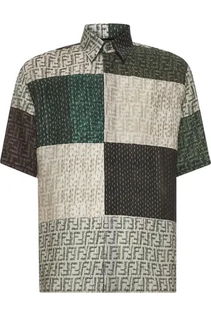 Fendi Overhemden, Heren, Veelkleurig, L, Linnen, Patchwork Linnen Overhemd met Italiaanse Kraag