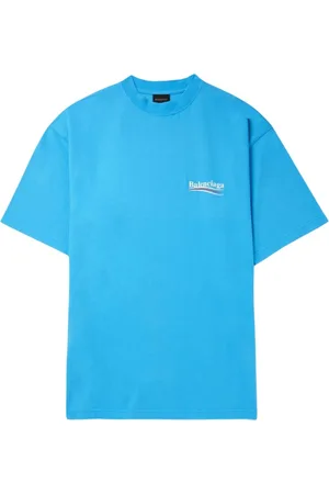 Balenciaga Tops, Heren, Blauw, 2Xs, Katoen, Logo Print T-Shirt met Distressed Effect