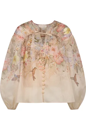 ZIMMERMANN Blouses & Shirts, Dames, Roze, XS, Linnen, Zijden Linnen V-hals Blouse met Ballonmouwen