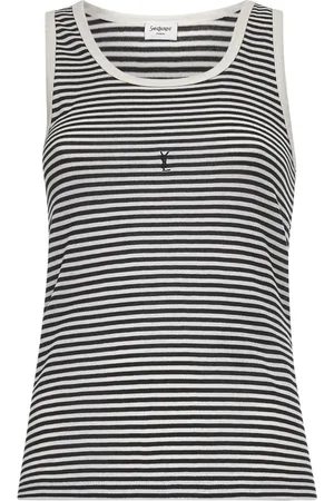 Saint Laurent Tops, Dames, Zwart, L, Katoen, Gestreepte katoenen top met borduurwerk