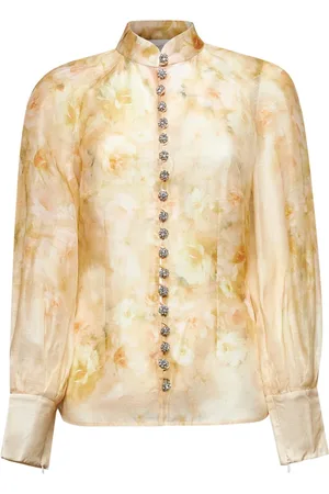ZIMMERMANN Blouses & Shirts, Dames, Geel, L, Bloemige zijden overhemd met ritssluiting