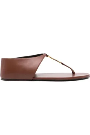 Saint Laurent Schoenen, Dames, Bruin, 39 EU, Leer, Logo Plaque Sandalen Vrouwen Italië